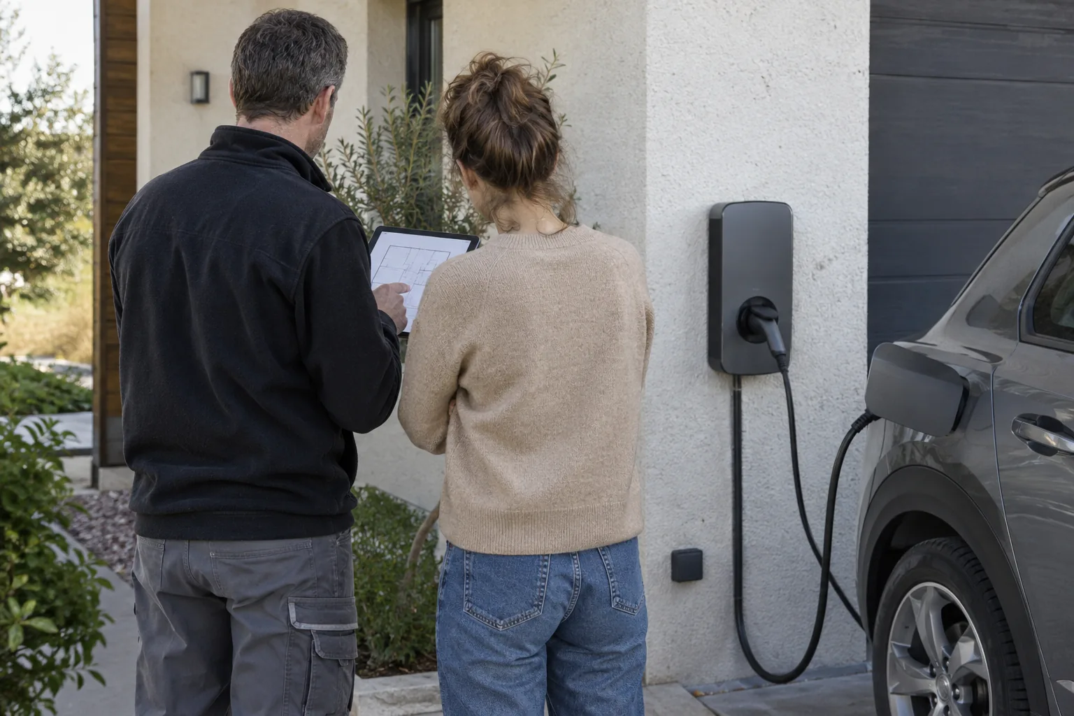 Illustration générée : échange autour d’un projet de recharge domestique.