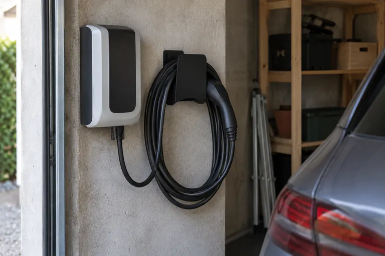 Illustration générée : Support de rangement du câble dans un garage. Aucun client ni chantier réel.