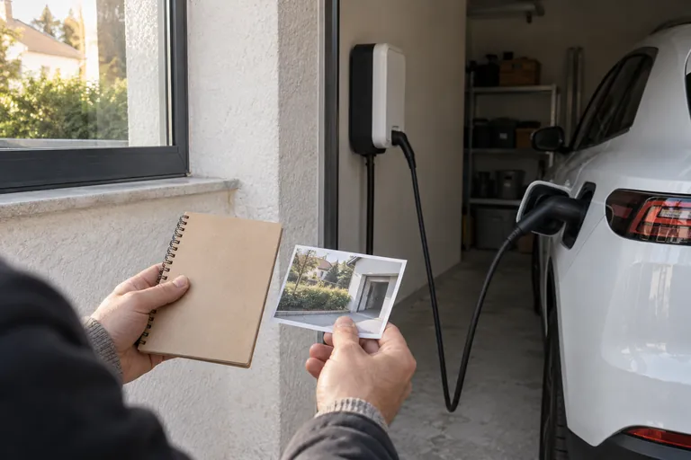 Illustration générée : Mains réunissant les informations du projet près du garage. Aucun client ni chantier réel.