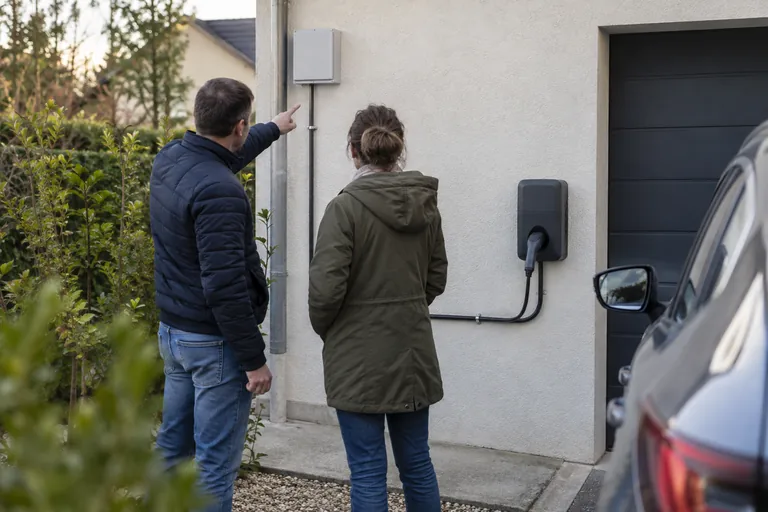 Illustration générée : Deux adultes vus de dos observant le trajet entre coffret fermé et borne. Aucun client ni chantier réel.