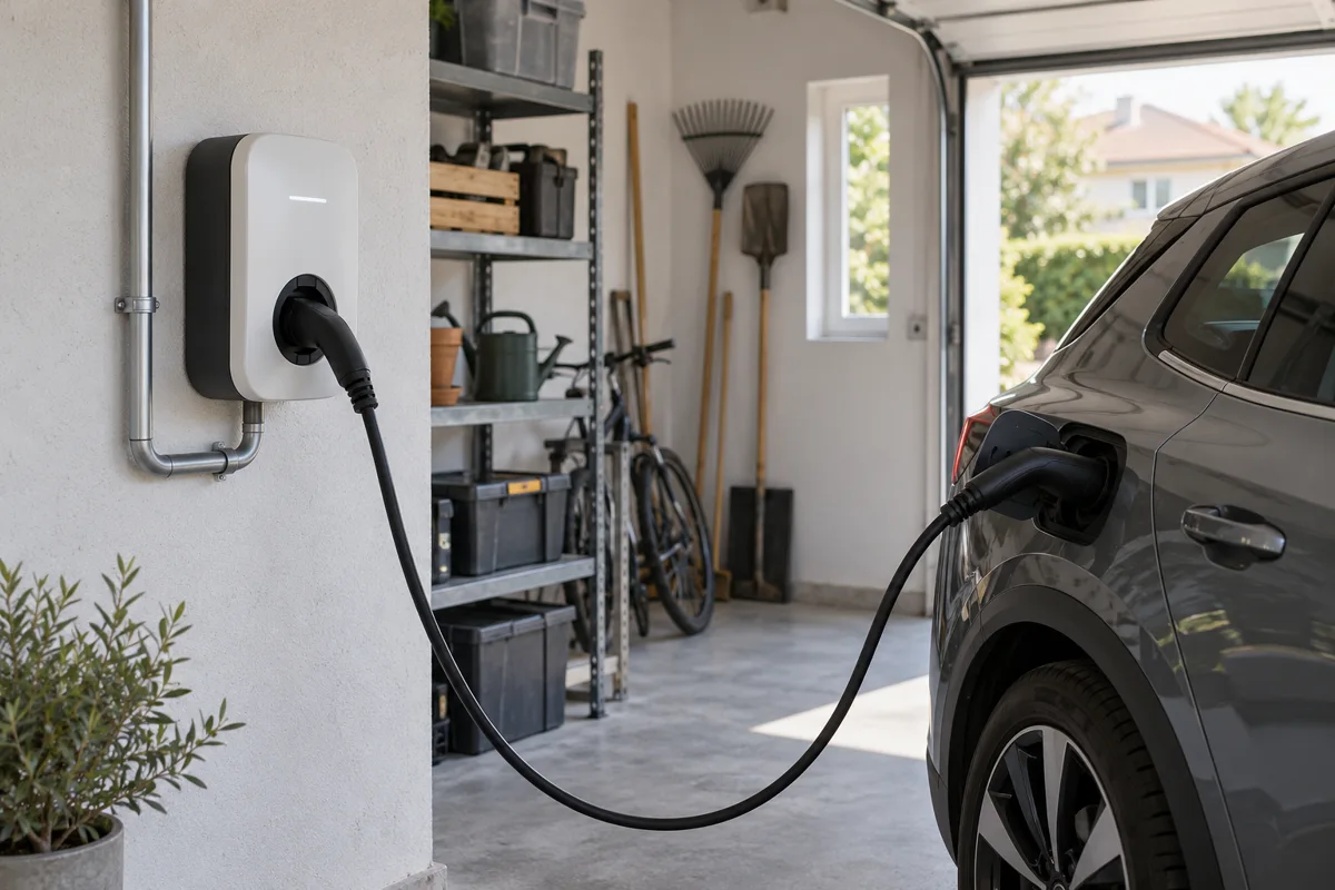 Illustration générée : borne de recharge dans un garage résidentiel.